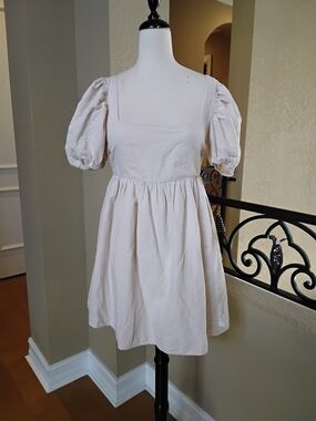 Jacqui E Cream Textured Mini Dress with Square Neck